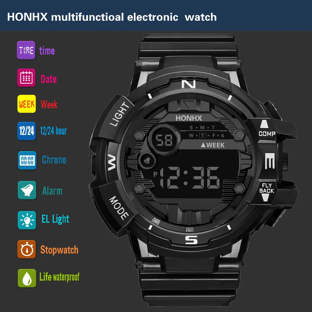 Homens à prova d'água LED Digital Quartz Watch, Militares, Esporte, Borracha, Alarme, Data, Moda