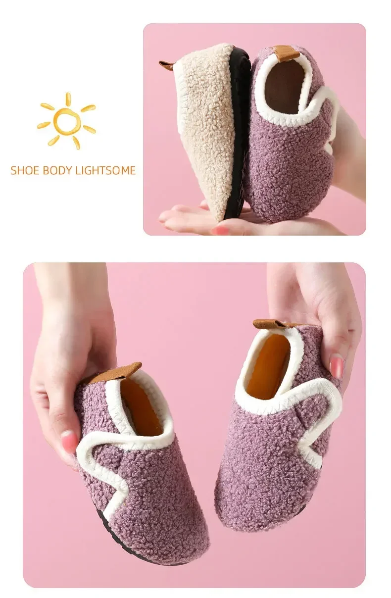 Kinder-Baumwollpantoffeln Einfarbige Warme Winter-Hausschuhe für Jungen und Mädchen Plüsch-Bodenschuhe Indoor Weiche Sohle Rutschfeste Baumwollschuhe – Detail 7