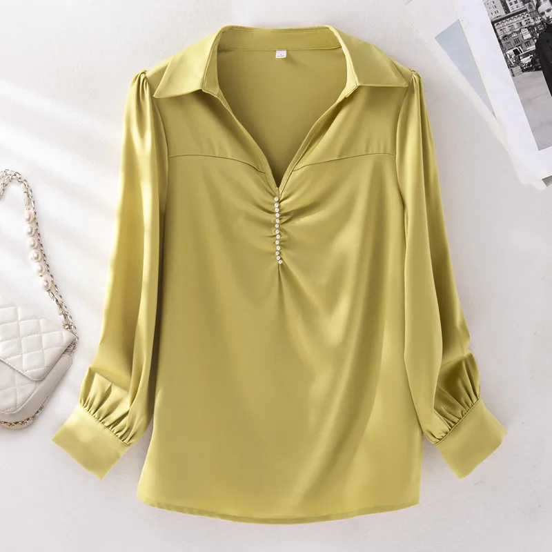 NAVIU Women's Autumn Shirt New Fashion Commute Solid Color Temperament V Neck Long Sleeve Chiffon Blouses Office Ladies Work Top