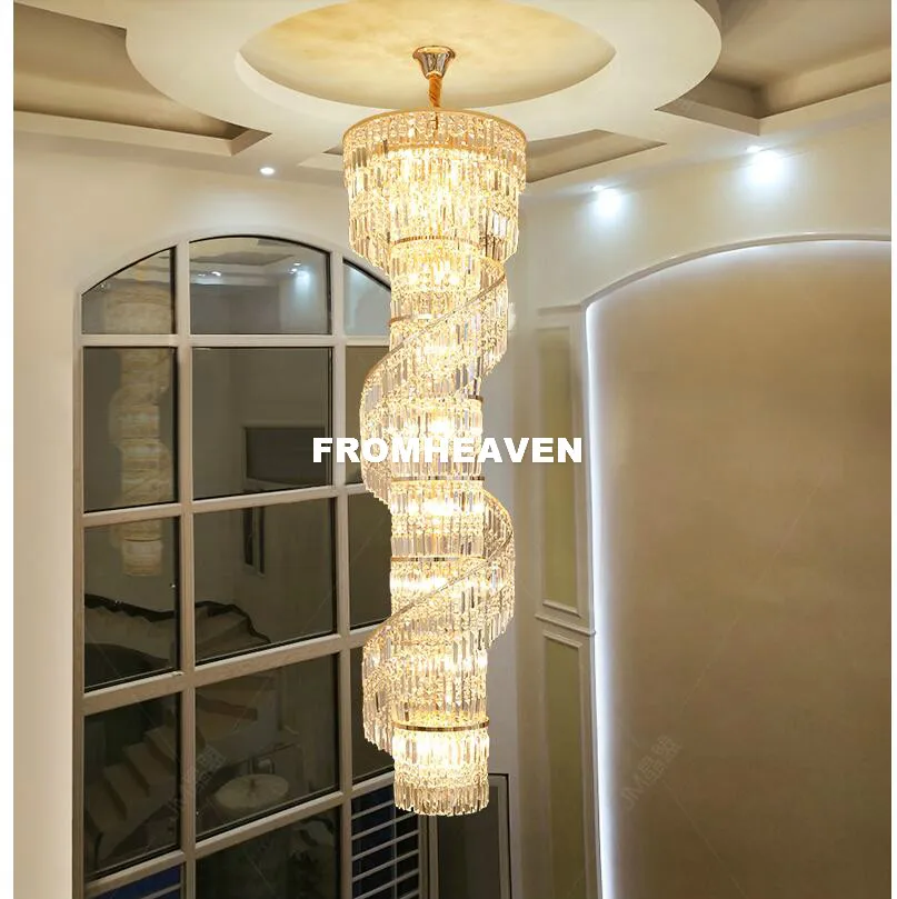 Free Shipping D60cm H200cm Golden Luxury Crystal Chandelier Crystal For Hotel Lobby Double Floor Staircase Crystal Pendant Lamp