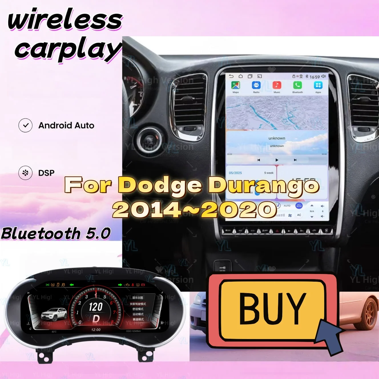 ym Android Auto Carplay Multimedia Player For Dodge Durango 2014-2020 Car Radio Stereo GPS Navigati 14.5