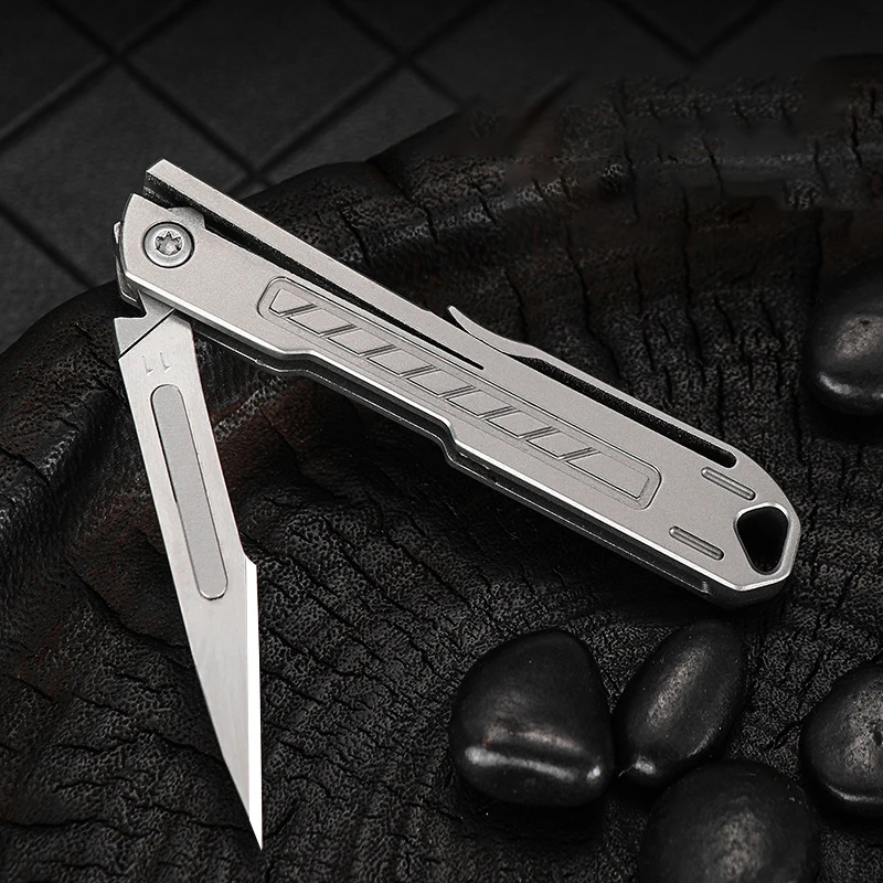 Imagem -04 - Titanium Brass Aluminium Folding Knife com Back Clip Keychain Portátil Edc Self Defense Survival Gadge Pode Substituir No11 Blade 21