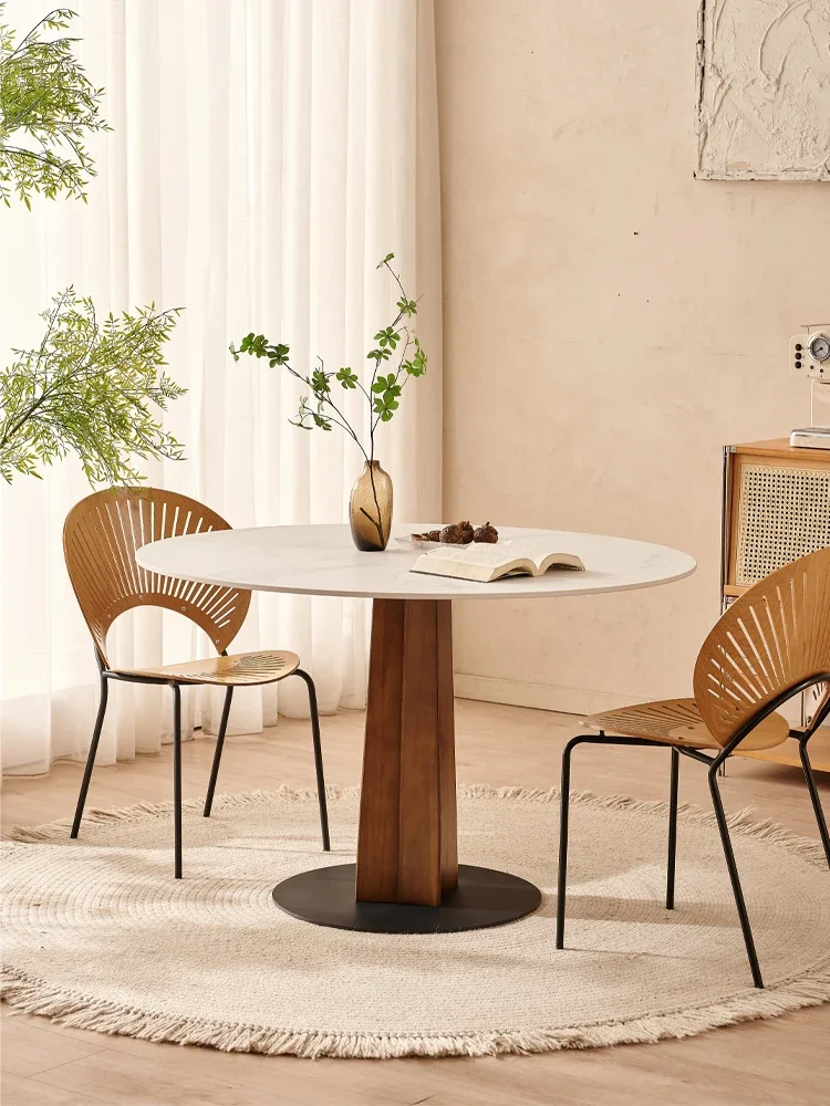 Rock board circular dining table, household small unit round table, leisure solid wood square leg, retro restaurant dining table