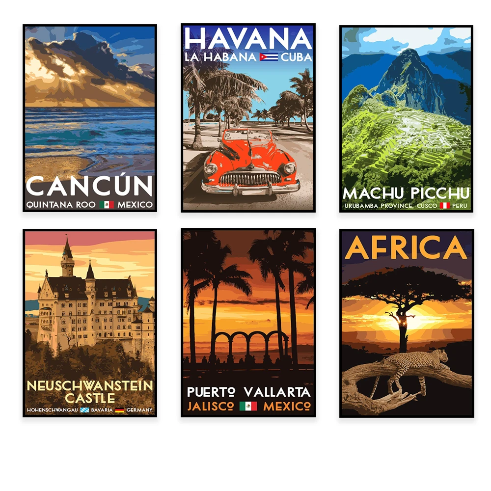Austria, Neuschwanstein Castle, Cook Islands, Cancun, Machu Picchu, Zakynthos Island, Yucatan Peninsula, Africa travel posters