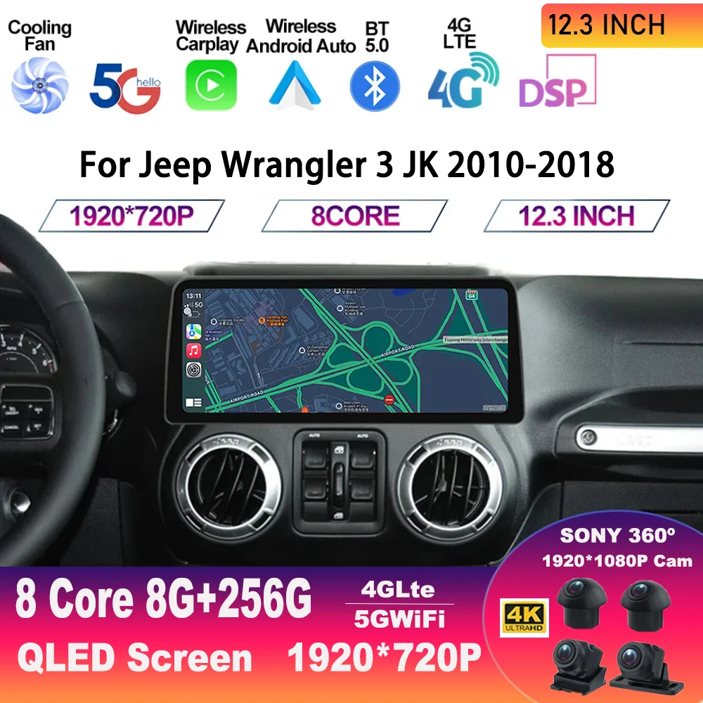 12.3 Inch Android 13 For Jeep Wrangler 3 JK 2010-2018 Multimedia Video Player CarPlay Car Radio Autoradio WIFI 5G DSP 360 Camera