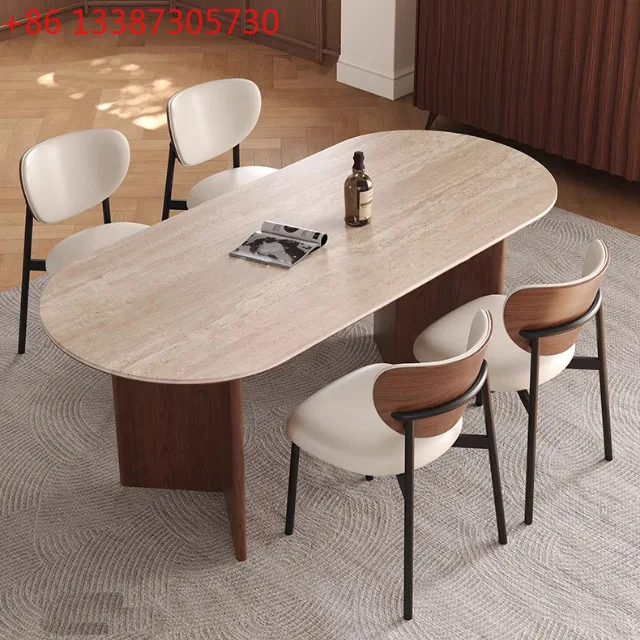 

French retro solid wood Deli Feng rock slab dining table simple oval dining table