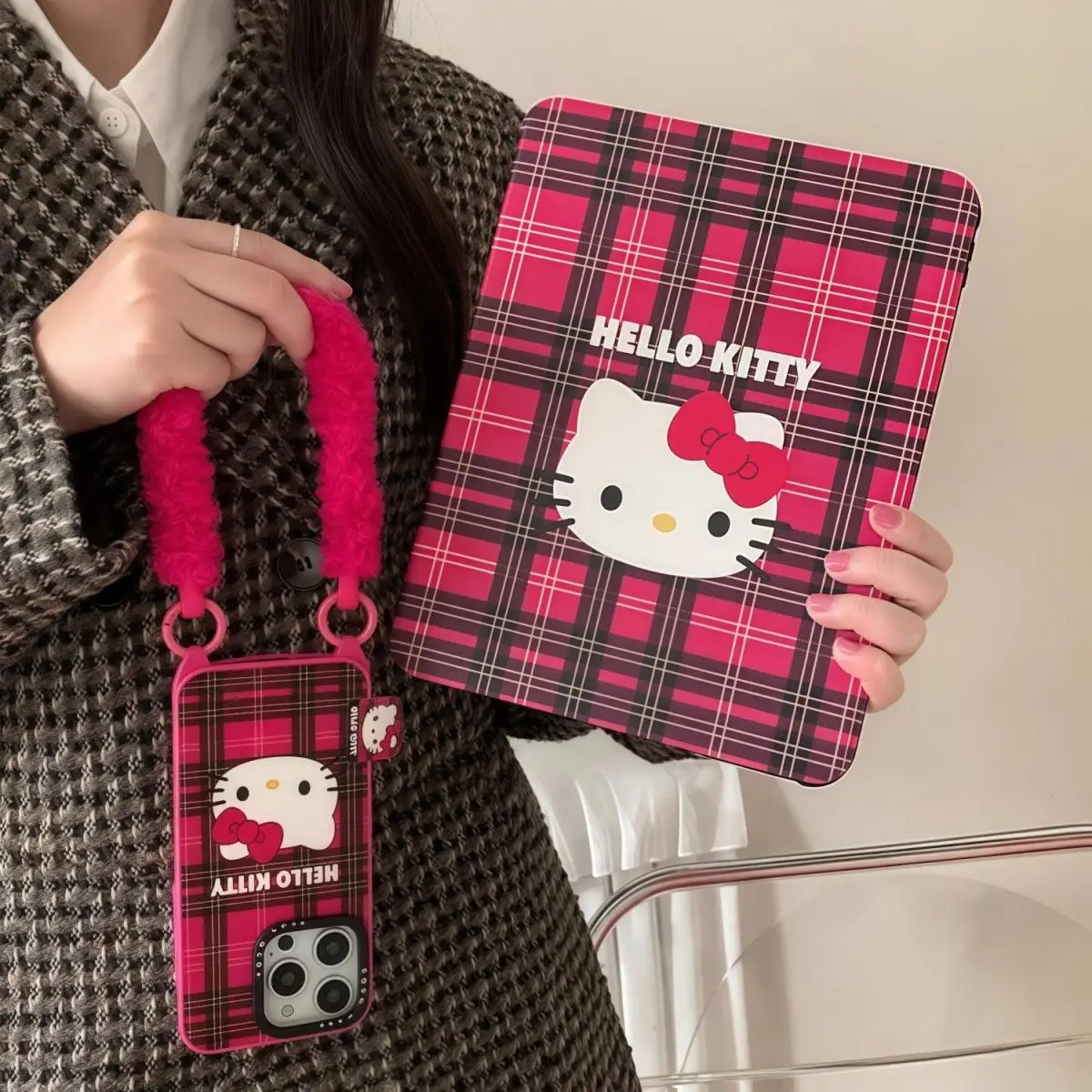 

Sanrio Hello Kittys Cute Flip Ipad10 Generation Apple Protective Case New Cartoon Check Tablet Protective Case Girl Heart Gift