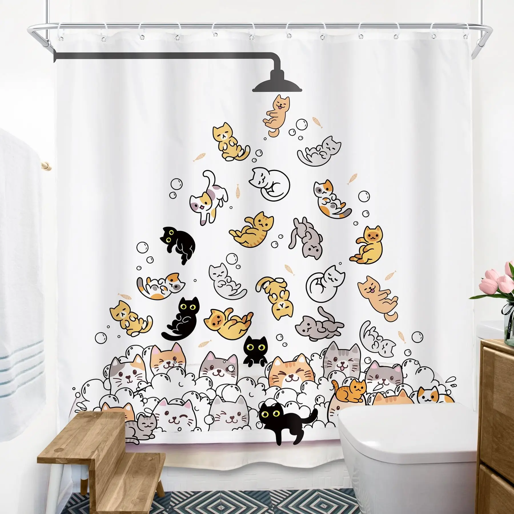 Halloween Cat Cute Kids Funny Skull Pumpkin Bathroom Shower Curtain Set 72Wx72L, Ghost Cartoon waterproof HD printed shower curtain, quick-dry fabric with 12 hooks.