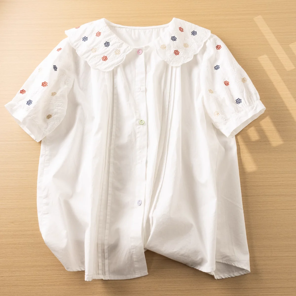 100% Cotton Flower Embroidery White Shirt Mori Girl Summer Japanese Style Sweet Short Sleeve Shorts and Blouses Kawaii Tops