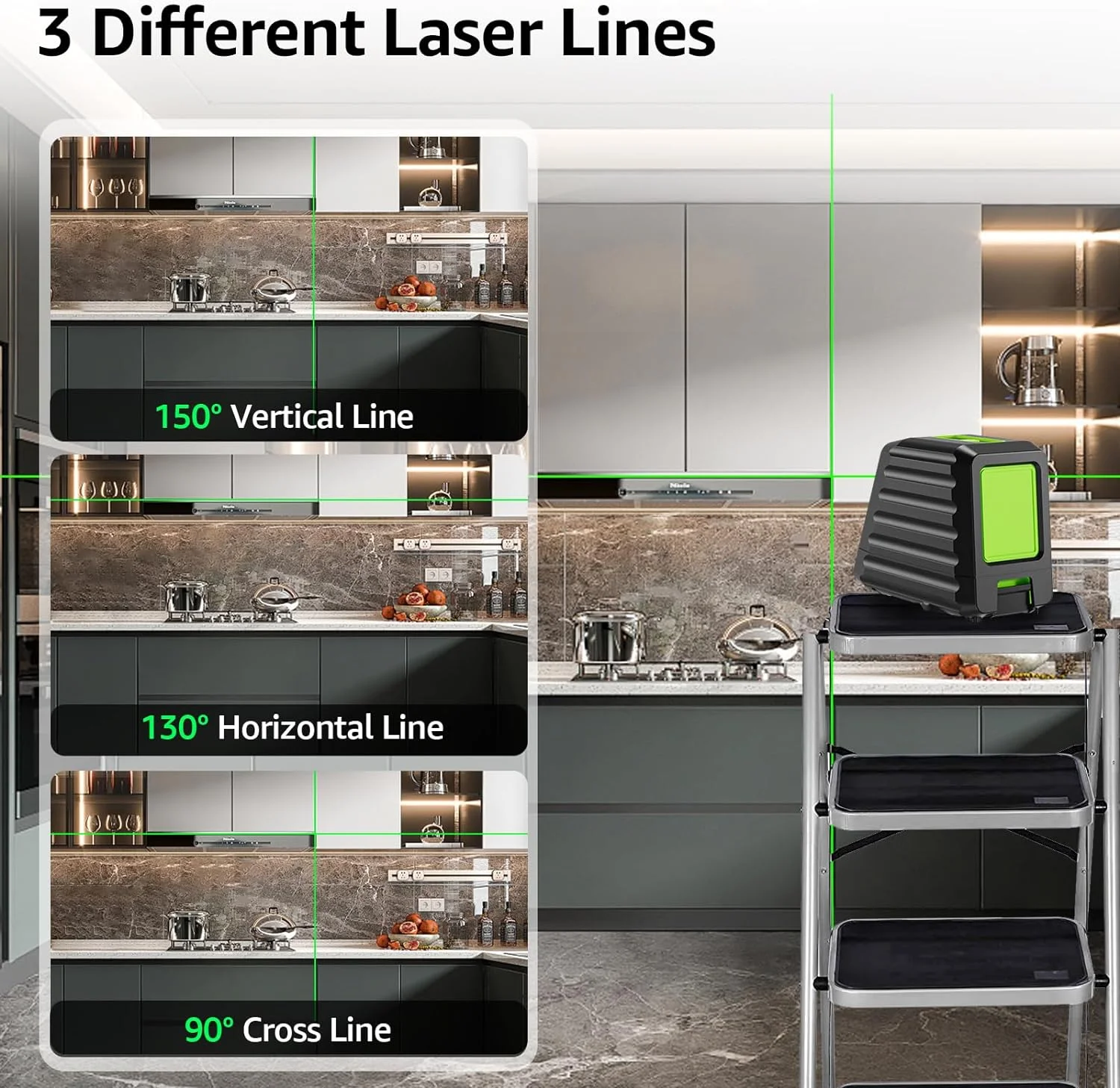 Huepar 150 stóp/45 m poziomica laserowa poprzeczna 2 linie samopoziomująca pionowa pozioma wiązka zielona i statyw 65 cm do zawieszania obrazów