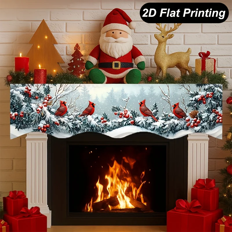 VIKAMA Christmas Winter Cardinal Bird Berry Fireplace Mantel Scarf Fireplace Shelf Cover for Spooky Halloween Fall Home Party