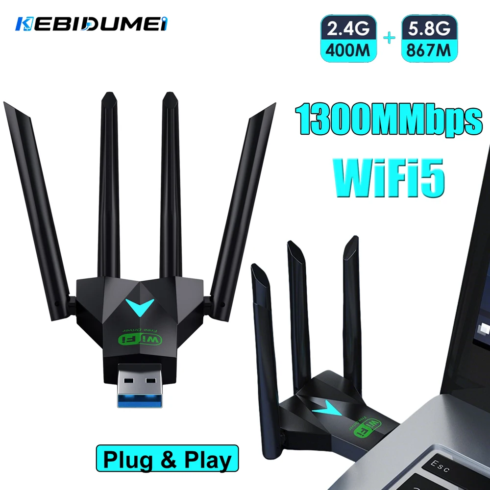KEBIDUMEI WiFi5 USB-Adapter Dual Band 2,4 G + 5 GHz 1300 Mbit/s Dongle USB 3.0 Hochgeschwindigkeits-Wireless-Empfänger mit 4 Antennen für PC/Laptop ﻿
