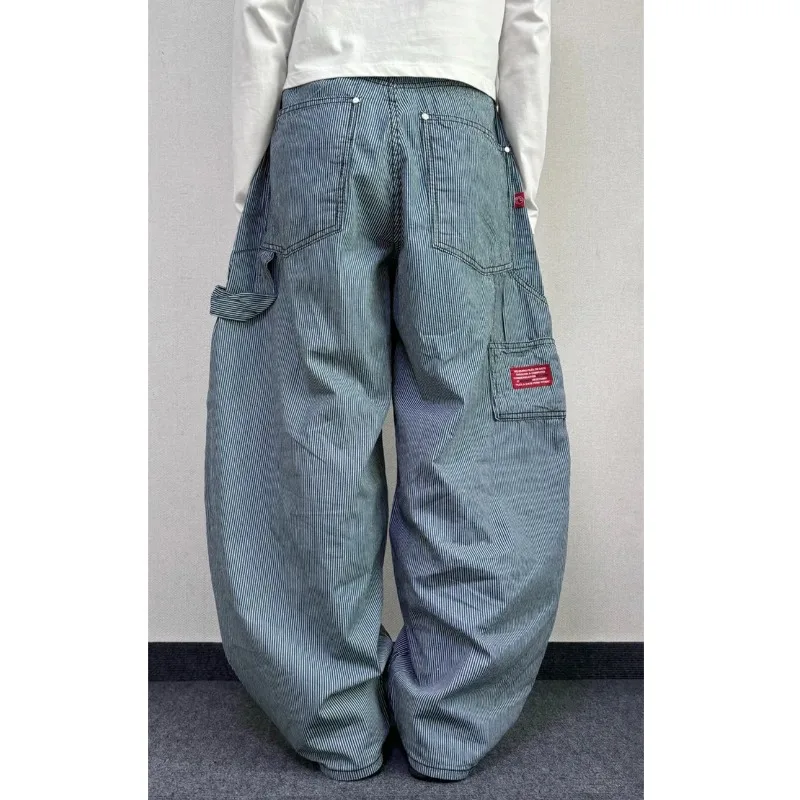 Blue Workwear Style High Waist Wide Leg Jeans Side Pocket Design Vertical Stripes Casual Cotton Denim Pants for Women
