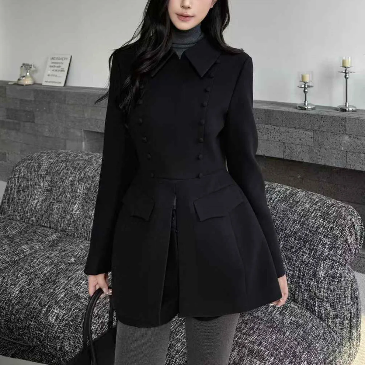 BJJTZ Trench Coat feminino de inverno 2025, jaqueta elegante com gola entalhada de designer de alta qualidade, quente e confortável