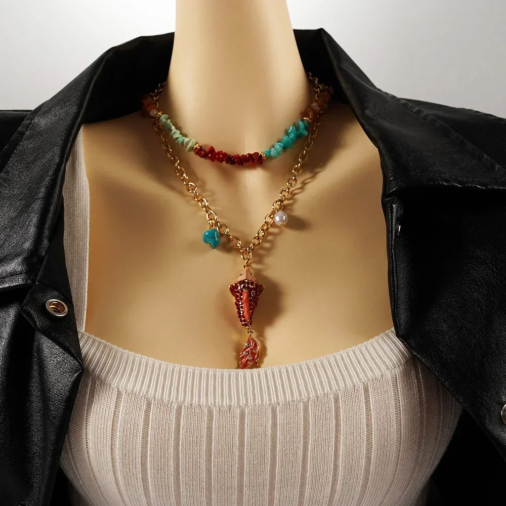 

Mermaid pendant necklace fine women stainless steel jewelry trend color irregular natural stone with 2025 fashion banquet birthd