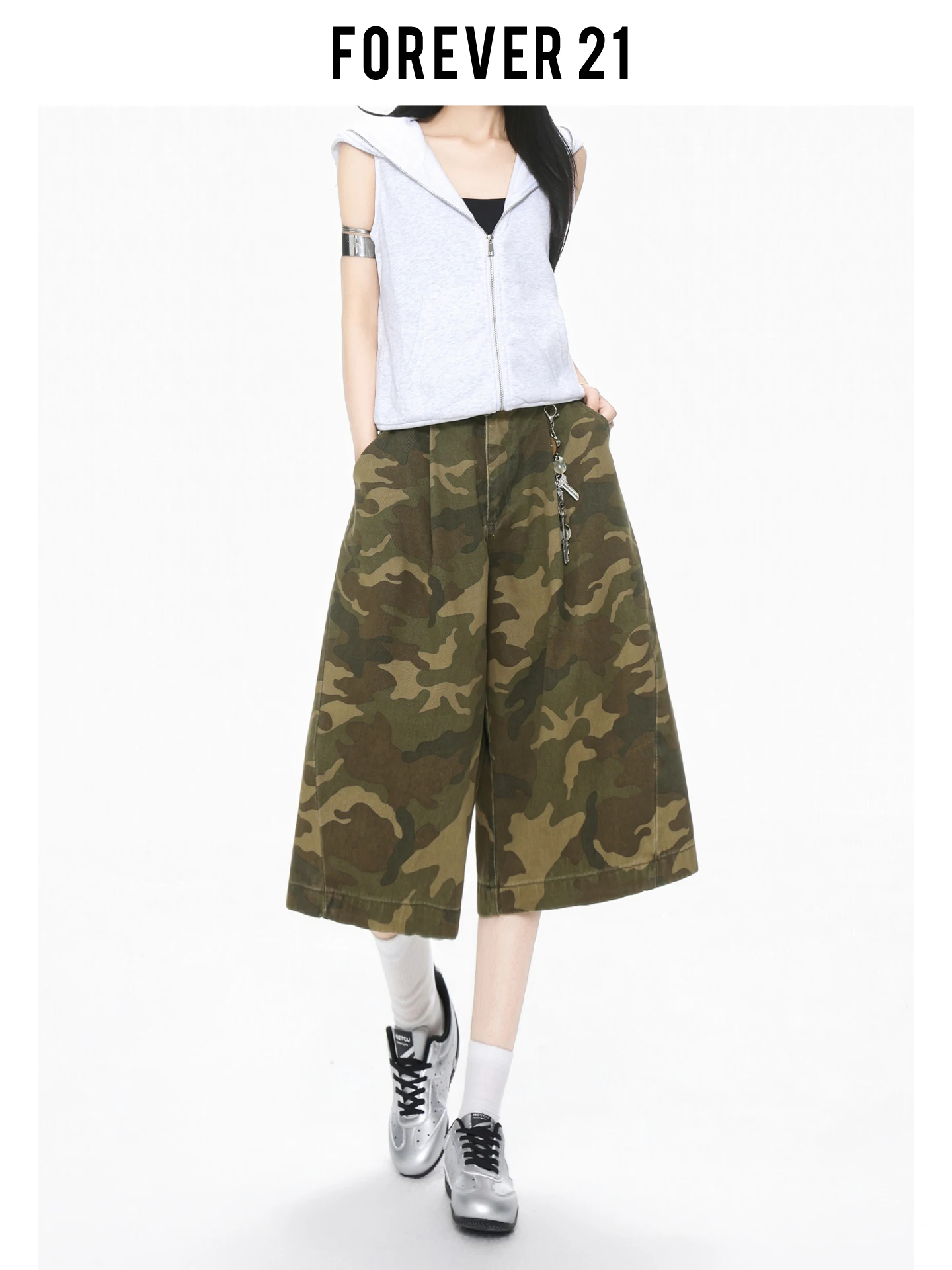 Vaqueros de camuflaje de cintura alta y pierna ancha Forever 21, pantalones de pierna recta holgados de color verde militar americano para mujer, estilo informal