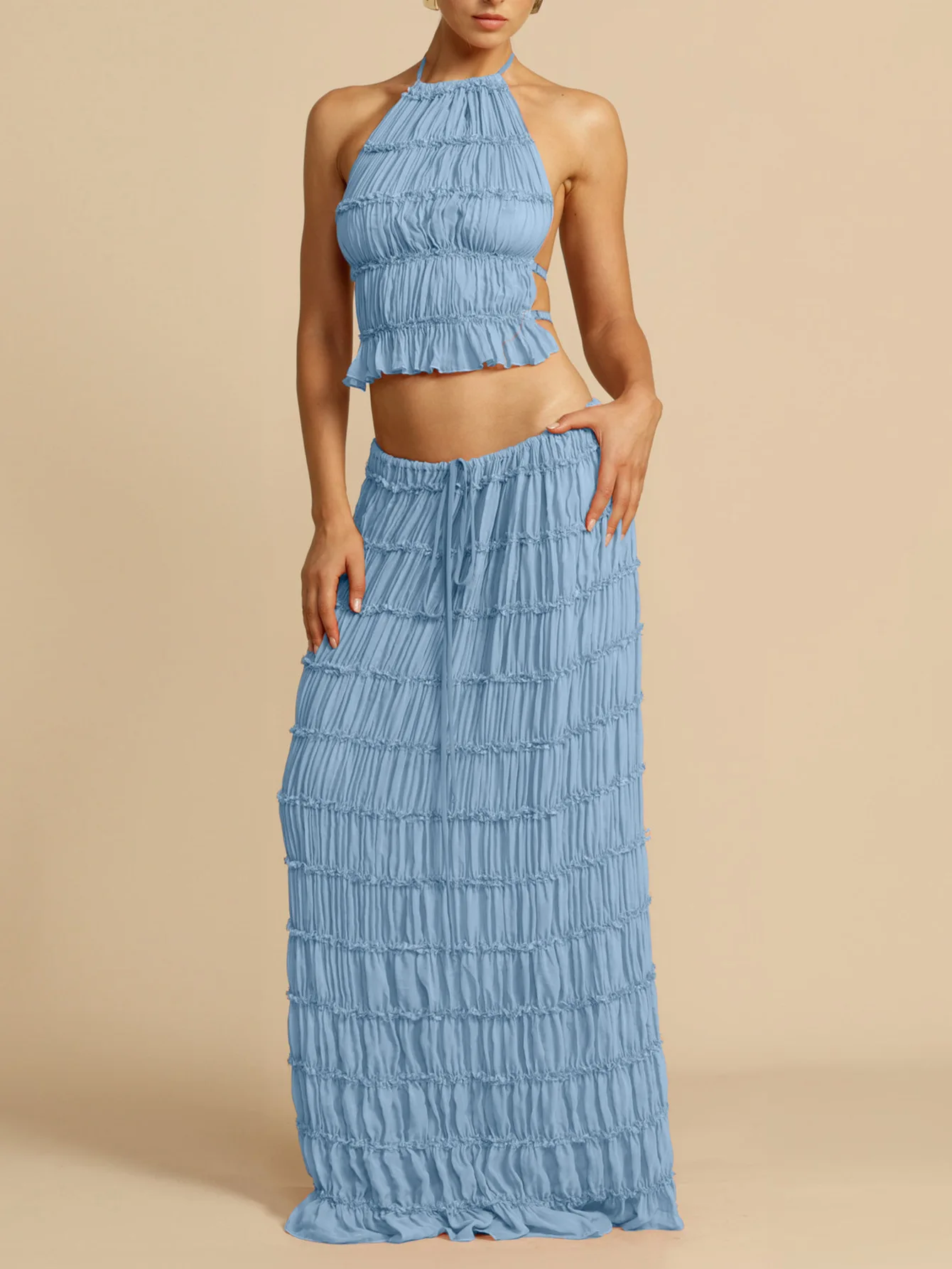 

Womens 2 Piece Maxi Skirt Set Halter Open Tie Back Tank Top Elegant Long Skirts Summer Beach Vacation Outfits