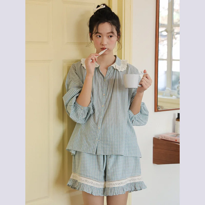 Retro Fresh 100% Cotton Pajamas Set for Women Korean Version Wearable Plaid Sweet Lace Home Outfit Summer Nightwear