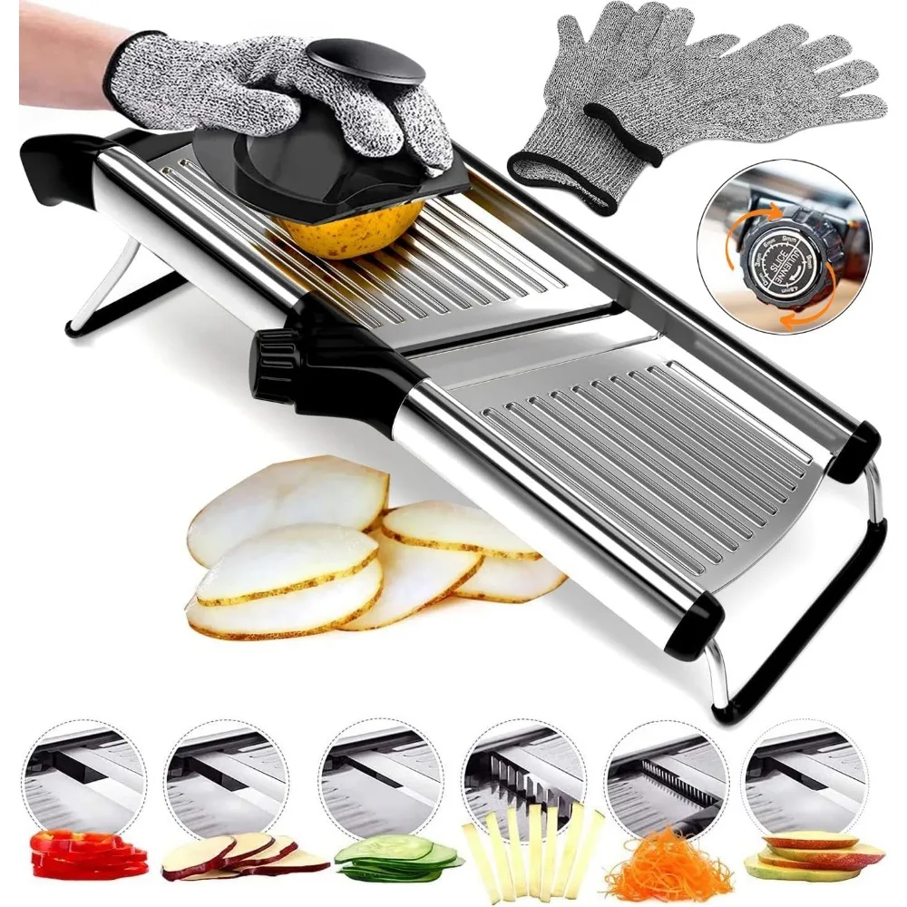 

Adjustable Stainless Steel Mandoline Slicer - 6 Settings, Hand Guard, Cut-Resistant Gloves for Kitchen