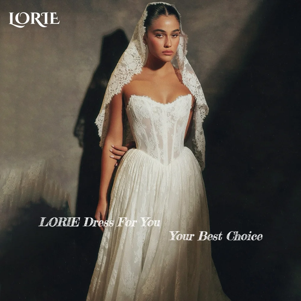 LORIE Vintage Lace Wedding Dress A-Line Strapless Appliques Princess Bridal Gown V Corset 3D Flower Ball Bride Gown Customized image 2
