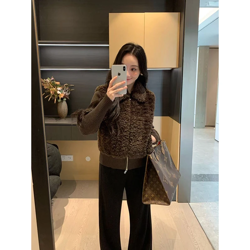 

Женская приталенная вязаная куртка из искусственного меха XIN: осенне-зимняя модная верхняя одежда, универсальная, для повседневной носки, с длинными рукавами