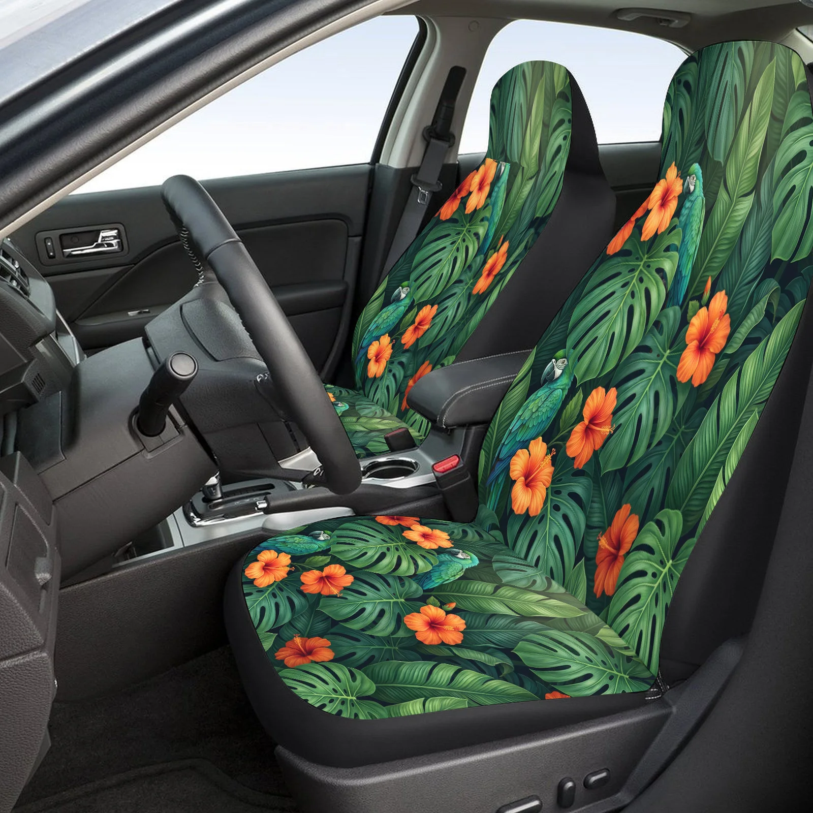 Parrots Hibiscus Monstera Themed Car Seat Cover Set For Most Cars Trucks, Trendy Breathable Car Seat Protector Covers Full Set,
