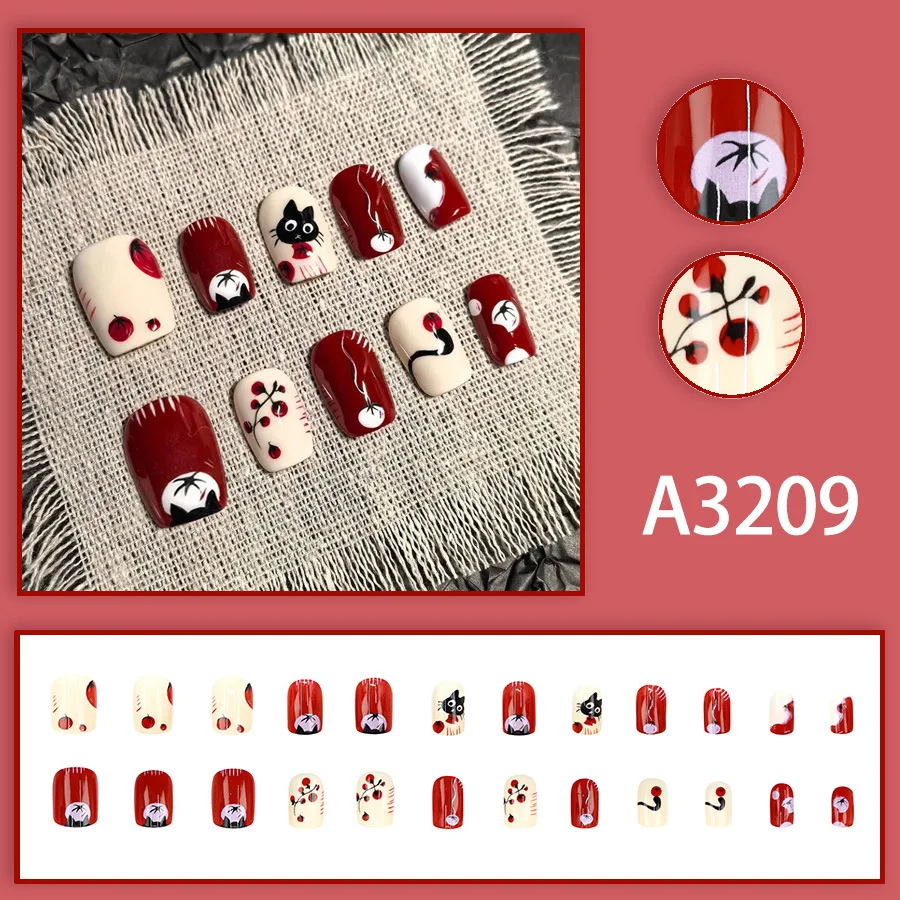 

24PCS Red Beige Press on Nails Short Square Fake Nail with Hand Painted Cat Cherry Pattern Colorful Cute Japanese Style Manicure