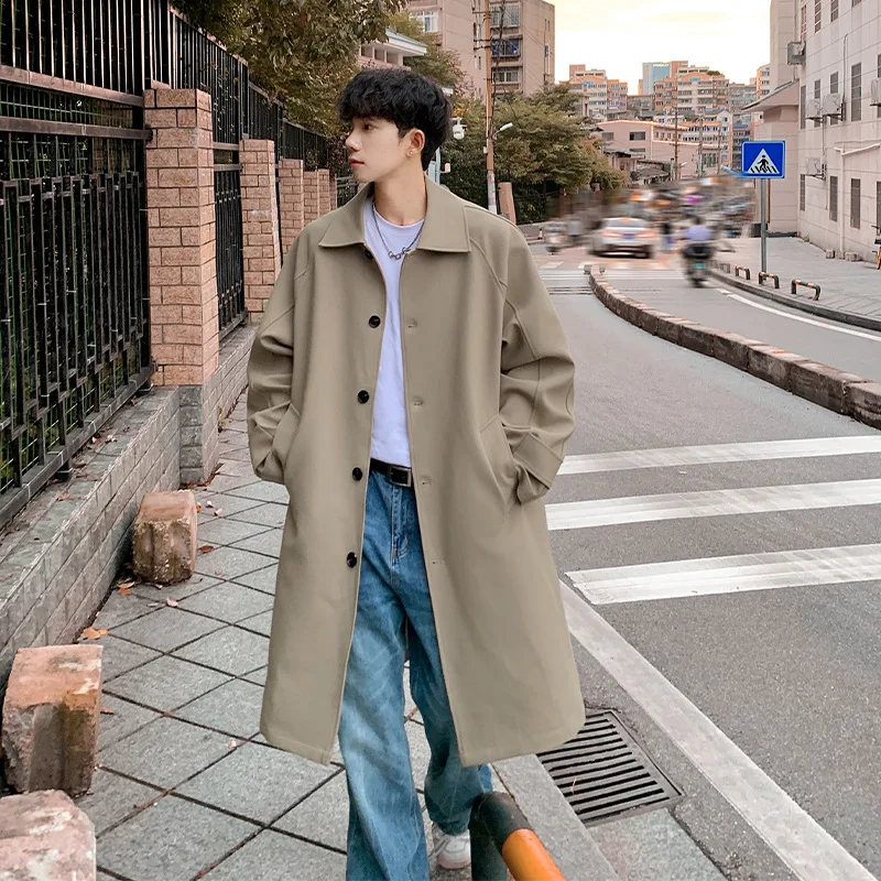 رجل الكورية اليابانية نمط خندق معطف طويل معطف غير رسمي ربيع الخريف سترة واقية فضفاضة تناسب