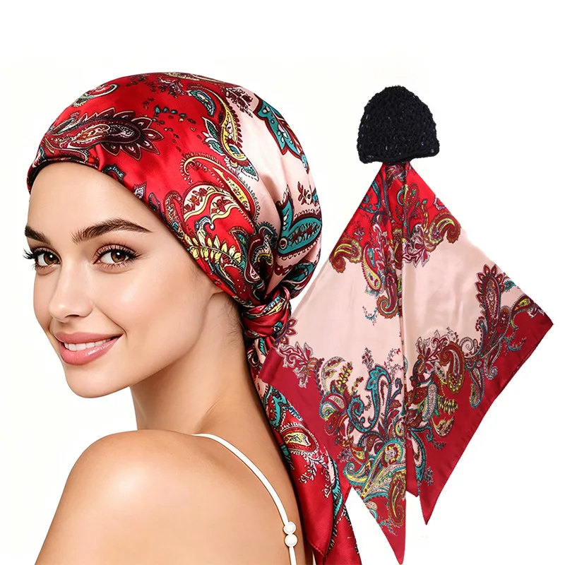 Neues Satin-Haarnetz für Damen mit Schal 2-in-1 Wickelkappe Verstellbare Duschhaube für Lockiges Geflochtenes Haar Haarband-Haarnetz