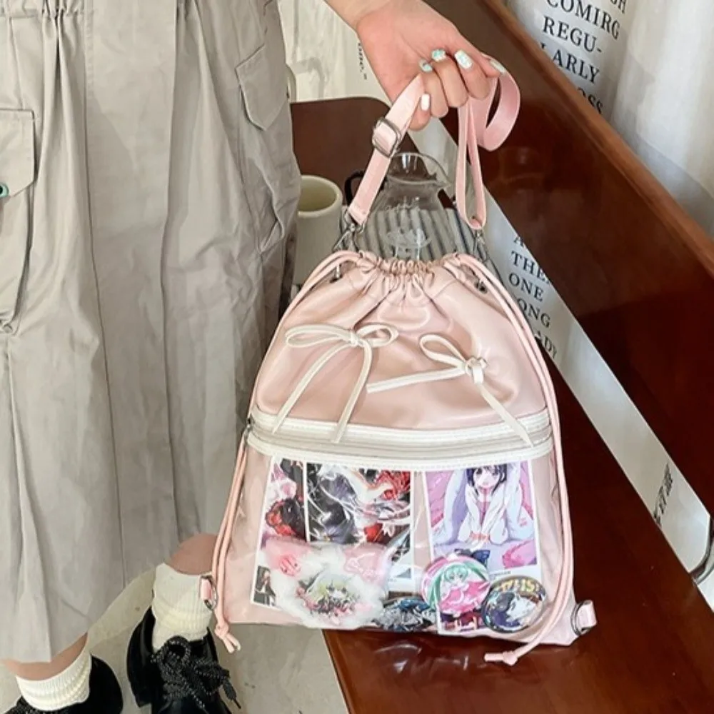 

Portable Transparent Pocket Drawstring Backpack PU Lightweight Itabag Handheld Bag Large Capacity Shoulder Bag Casual