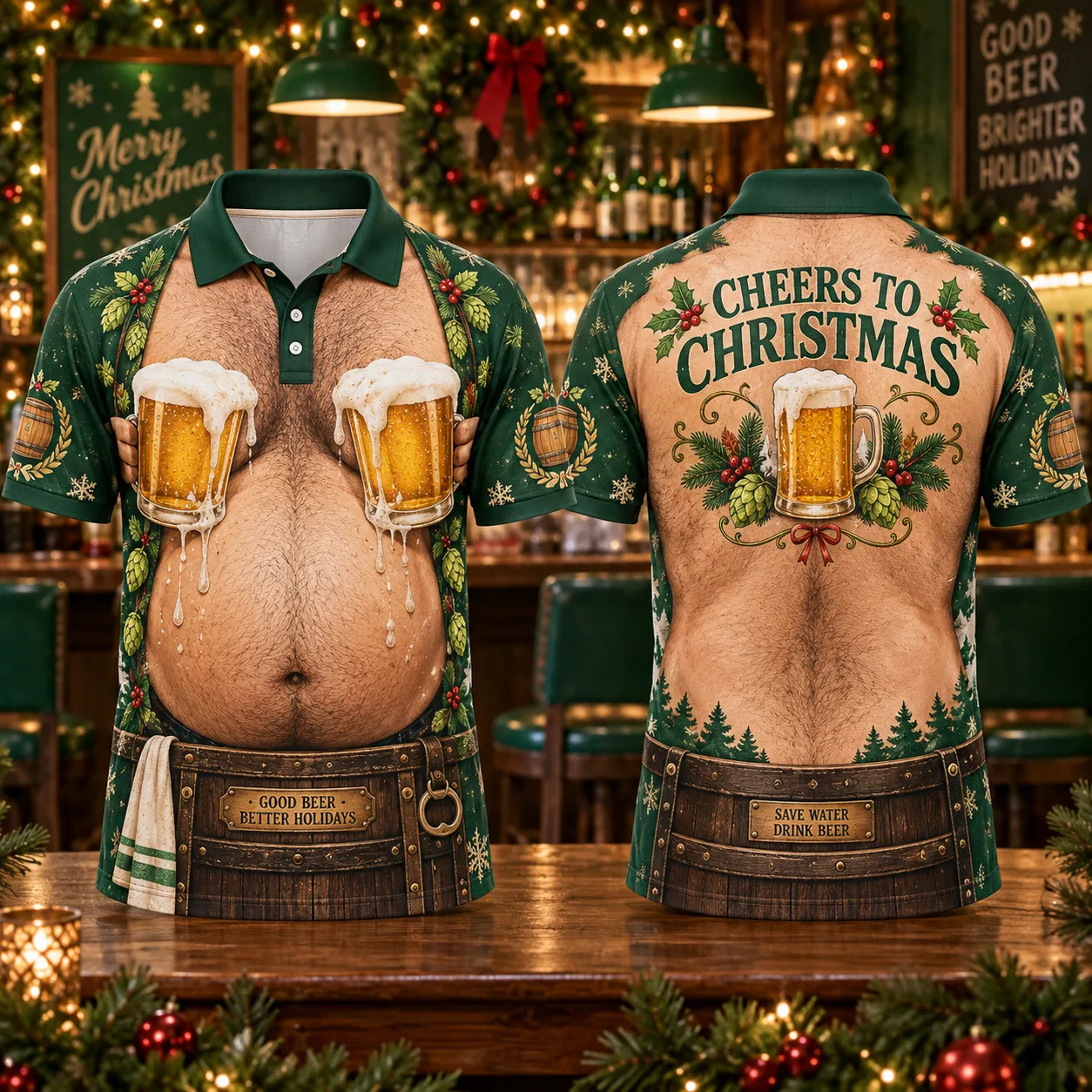 Men's Funny Christmas Polo Shirt Santa Beer Belly 3D Body Print Short Sleeve Costume Party Golf Top