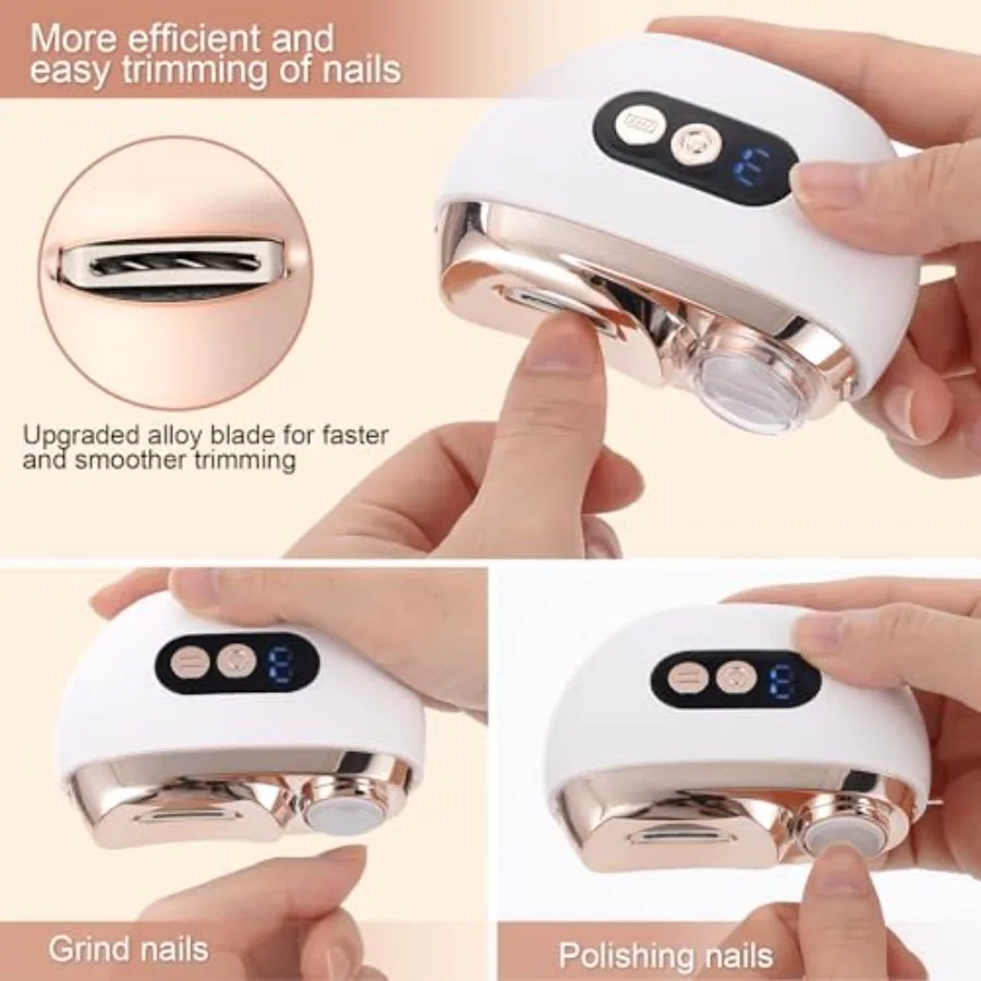 เครื่องตัดแต่งเล็บและขัดเงาไฟฟ้า 2in1 พร้อมกล่องเก็บเศษเล็บ ไฟ LED ดีไซน์ชาร์จ USB ใช้งานได้อย่างปลอดภัยและง่ายดาย