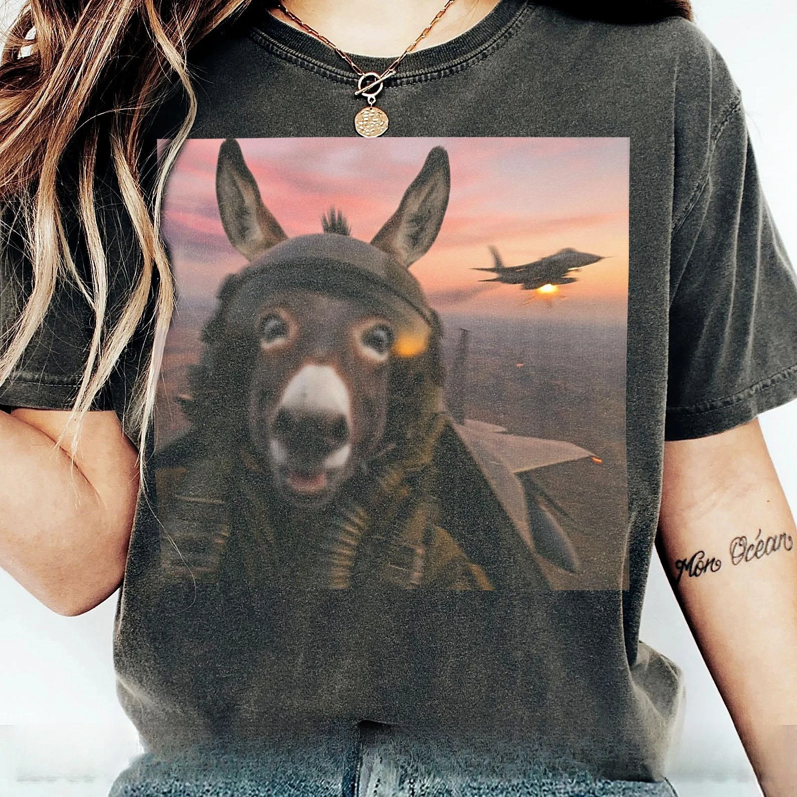 Funny Donkey Pilot T-Shirt - Tactical Donkey Fighter Jet Meme Shirt - Military Animal Humor Tee - Absurd Graphic Shirt