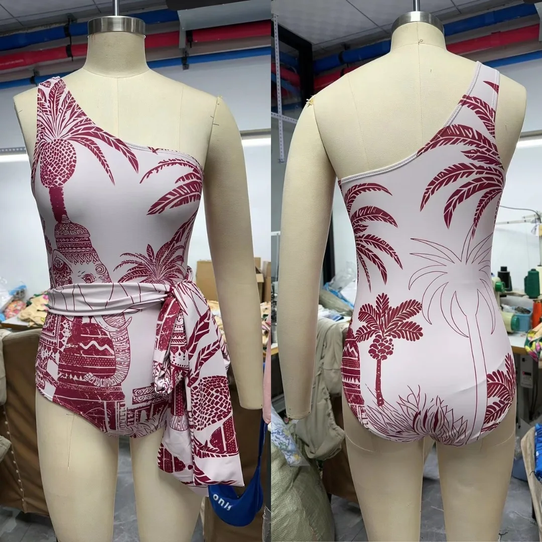 Traje de baño para mujer, traje de baño con tirantes y árbol de coco, traje de baño de dos piezas, conjunto de Bikini, ropa de estilo playero, falda de vestido Maxi