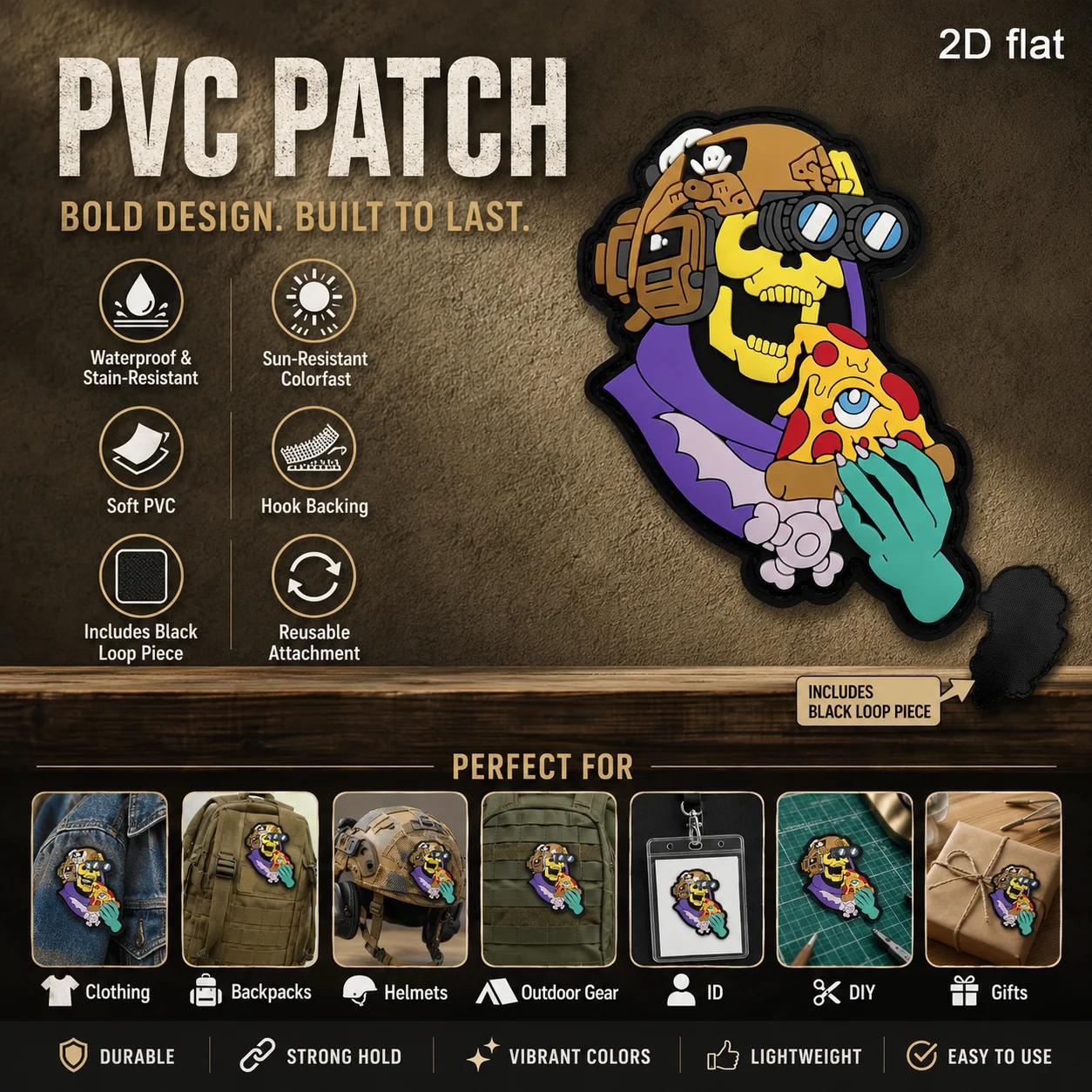 Contrast Color Helmet Skull Hand Holding One-Eyed Pizza Alien Logo Badge, 2D Flat Pvc Material, Velcro Patch, Free Backing Material, Optional Sizes, 1Pc/2Pcs/3Pcs, Layered 3D Embossed Edge, Not Easy to Come Off, Functional Jacket Personalized Decoration Accessory