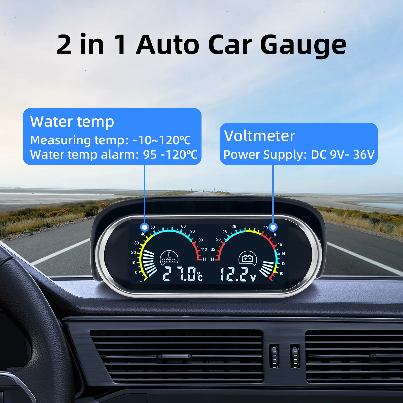 

12v/24v 2 in 1 LCD Car Digital Horizontal Gauge Water Temp Gauge Meter Voltmeter Voltage Gauges with Temperature Sensor 10mm