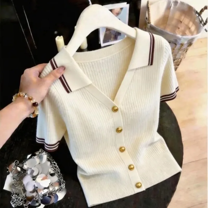 Women Clothes Summer Korean Fashion All-match Fashionable Ice Shreds Polo Collar Female Button Contrasting Colors Short Sleeve
