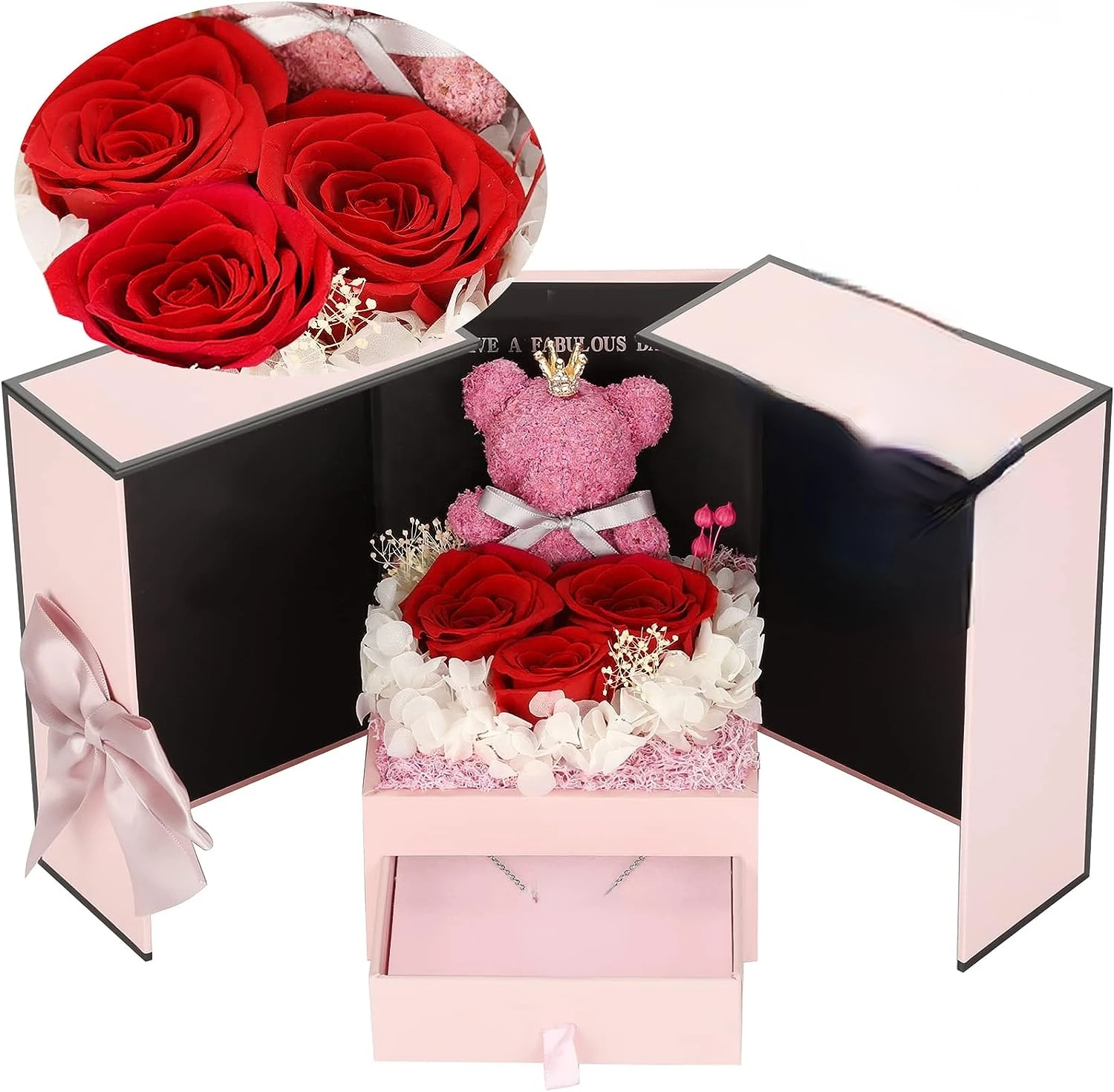 

Double-door drawer box to save roses Valentine's Day moss bear and box