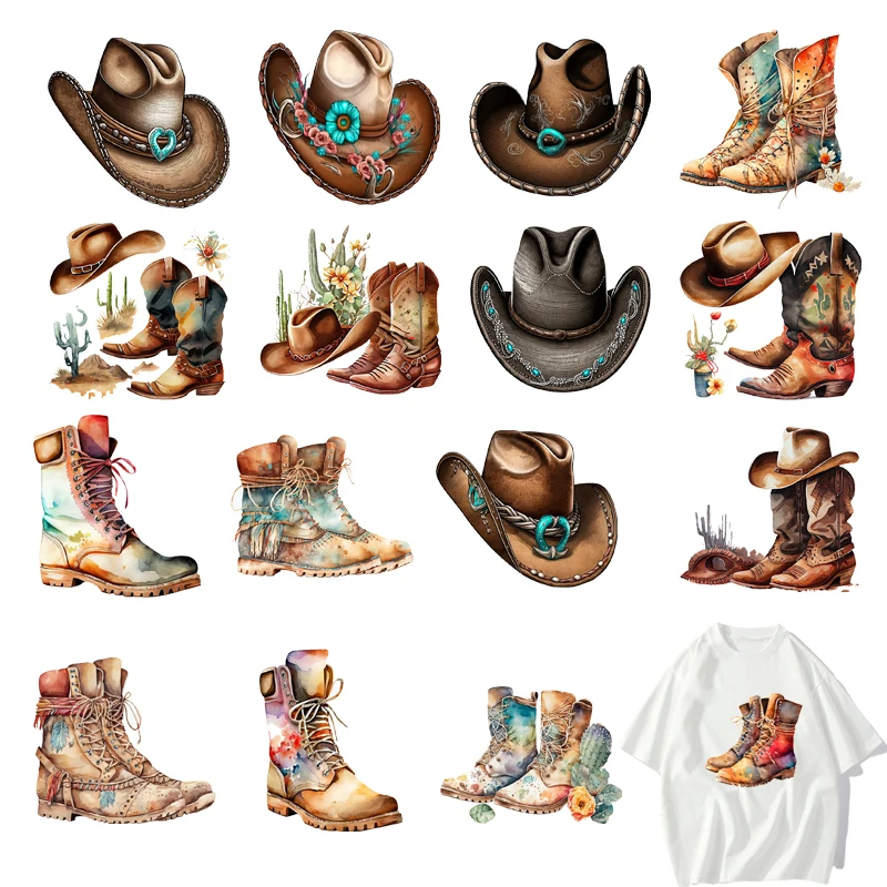 Cartoon Western Cowboy Hat stivali da Cowboy iron on transfer per abbigliamento trasferimenti dtf pronto per la stampa a trasferimento termico