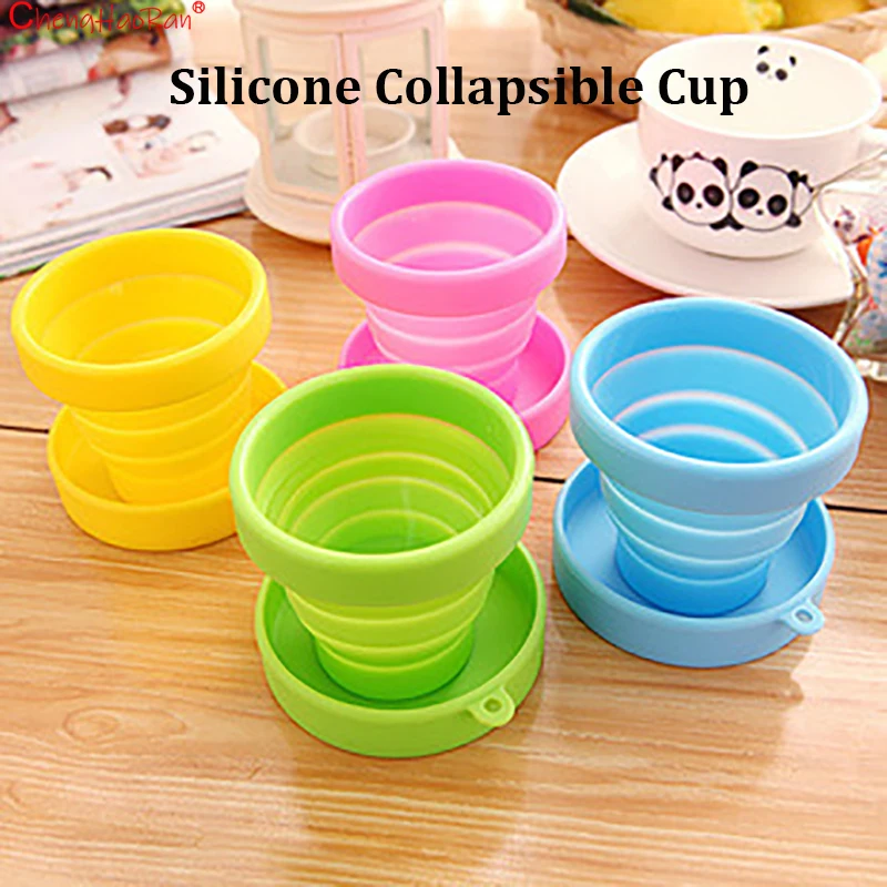 4PCS/LOT Silicone Folding Cup Food Grade High Temperature Resistant Candy Color Outdoor Sports Stretch Rinsing Cup with Lid