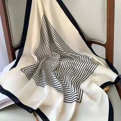 New Fashion Stripe Square Silk Scarf Female Shirt Match Thin Scarves Beach Stoles Echarpe Satin Headband Shawl Wraps Bandana