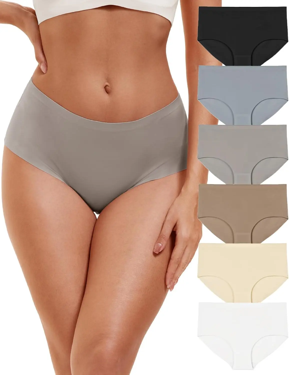 Womens Underwear SeamlNo Show High Waisted Briefs Silky Stretch Breathable Full Coverage Ladies Panties 6 Pack