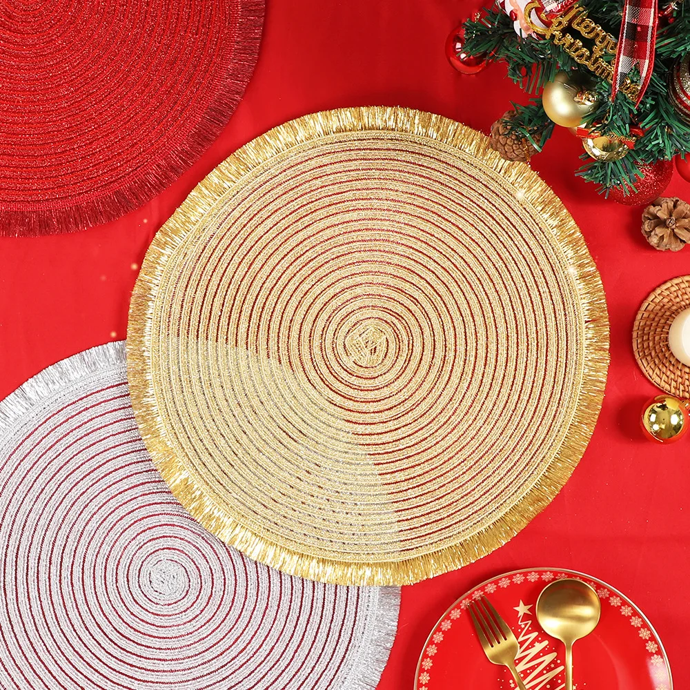 1piece Christmas Table Decor Placemat PP Shiny Silk Tassel Placemat Festival Dining Table Insulation Mat Cup Pad Pot Bowl Mat