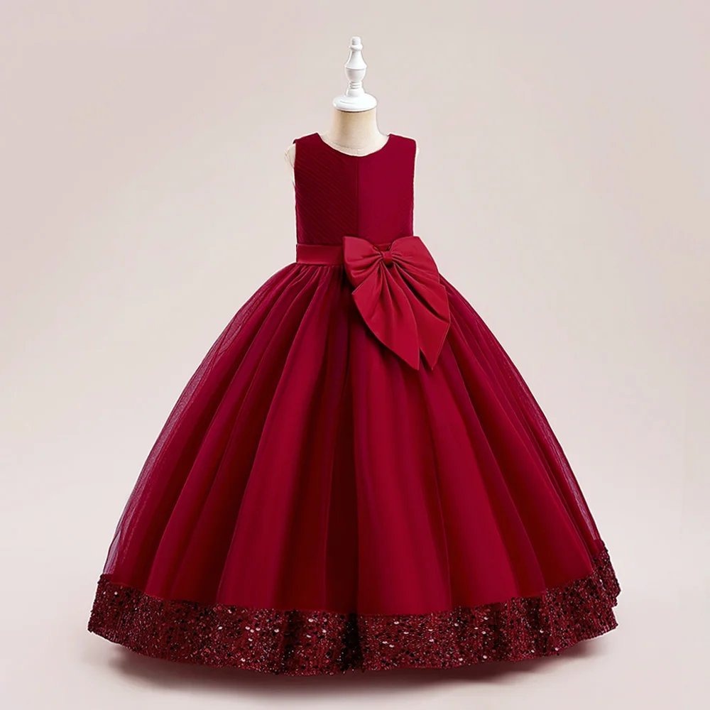 Red Christmas Dress For Girls Children Princess Costume Bow Sequin Kids Wedding Party Dresses Pageant Formal Evening Vestidos