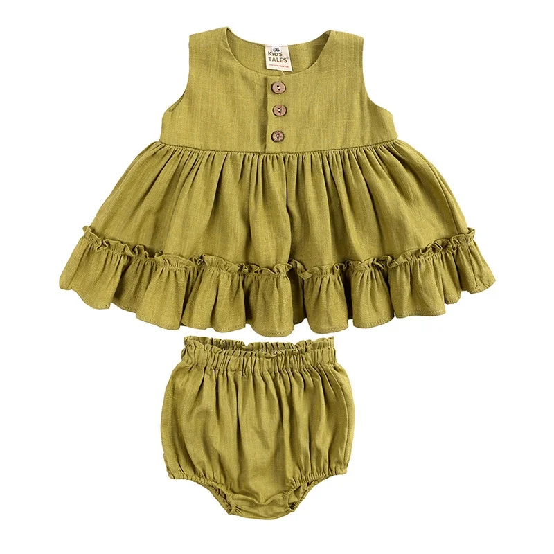 Cotton Linen Baby Girls Clothes 2 Pieces  Summer 3 Layers Cake Tutu Dress Elasticated Waist Shorts for Girls Clothing  Strap Cos