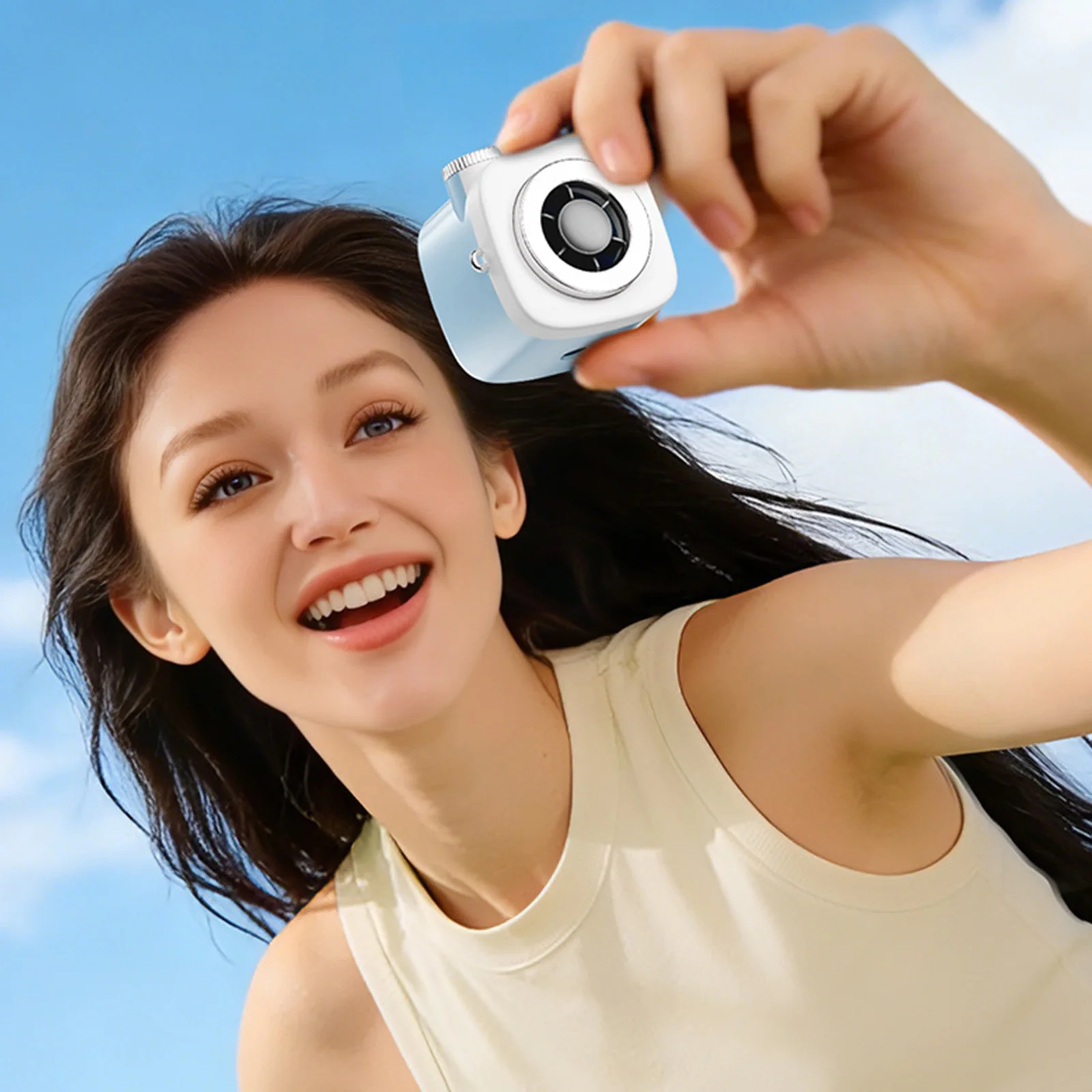 Neck-Hanging Handheld Fan 199 Adjustable Speeds Mini Camera Shaped Portable Fan for Outdoor Work Camping Travel