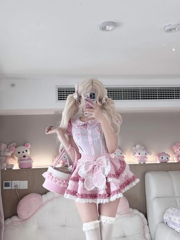Princ Sle Bubble Sve 매듭 탑과 스커트 세트 달콤한 귀여운 소녀의 Faion 여름 복장 폴리 에스터 직물 지퍼...