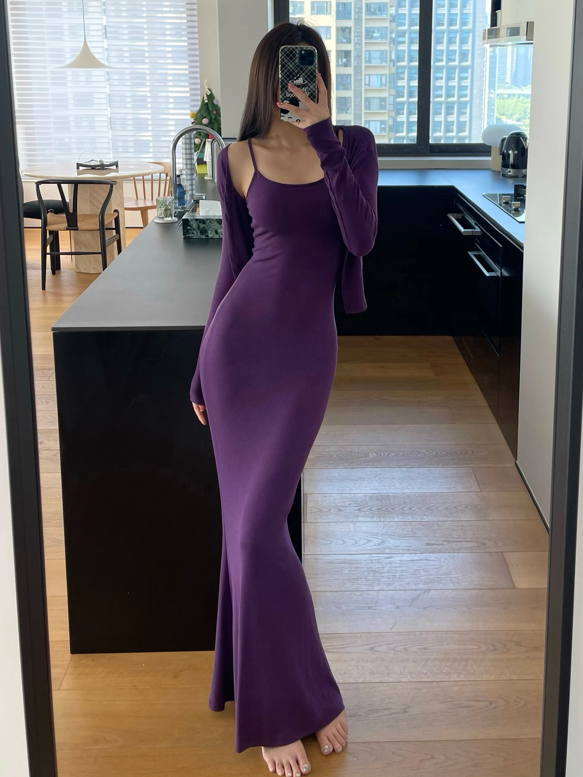 

Pure Desirable Body ape Sexy Wrap Fi Tail Strap Dr Slim Elastic Long Sve Открытый кардиган Женский комплект из двух предметов