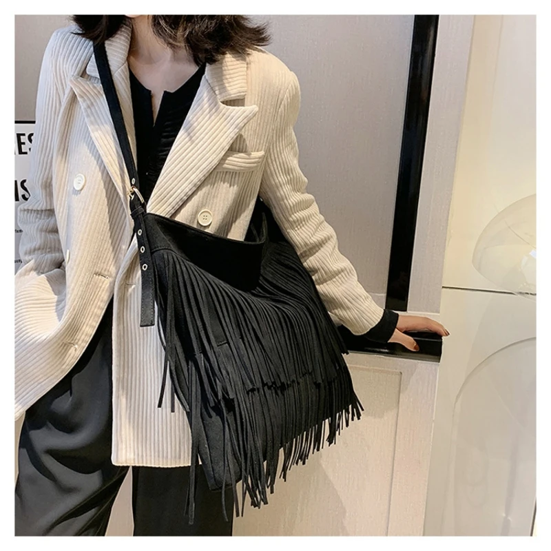 Sac à bandoulière en daim et cuir PU pour femmes, sac à bandoulière à franges, grande capacité, sac à main de voyage pour femmes