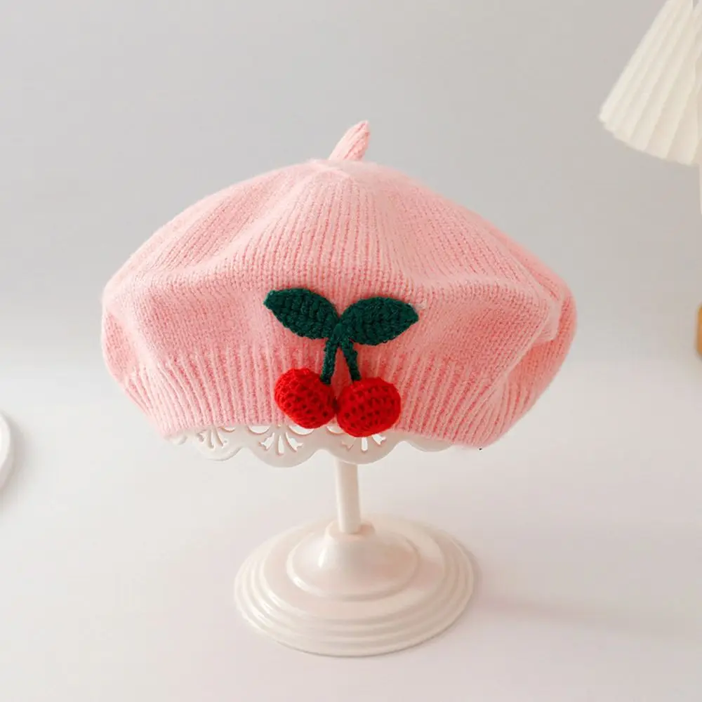 Kawaii Cherry Baby Beret Hat Spring Autumn Korean Knit Beanie Cap Artist Toddler Princess Painter Cap for Little Boys Girls